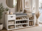 Shoe Storage Bench White  with Cushion & Drawer