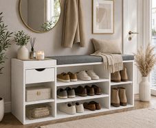 Shoe Storage Bench White  with Cushion & Drawer