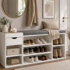 Shoe Storage Bench White  with Cushion & Drawer