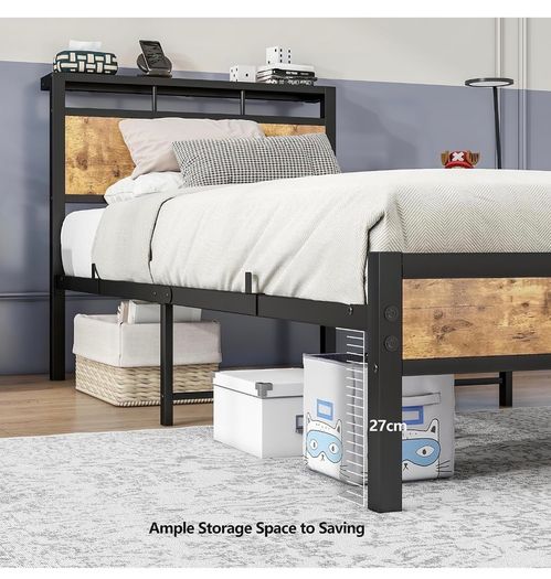 3ft Single Bed Frame with Wooden Storage Headboard, Black Metal Platform, No Box Spring Needed, Noise Free, Reinforced Strong Support Leg,Easy Assembly