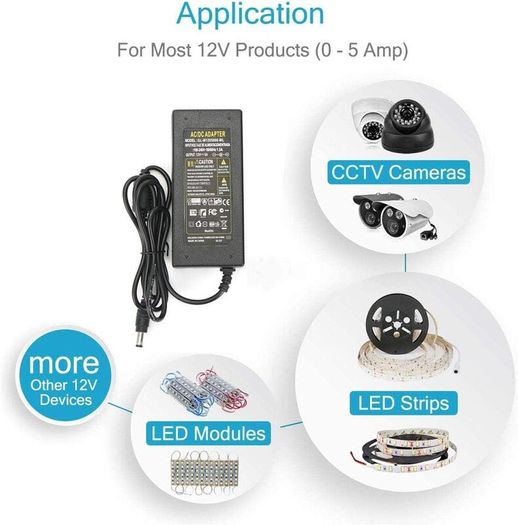 12V 5A 60W Power Supply Adapter,AC100-240V to DC12V Power Adapter Charger Transformer for LED Light Strip,CCTV Camera