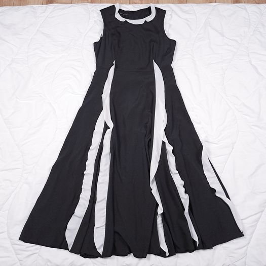Apart Black White Ruffle Trim Colorblock Sleeveless A-Line Midi Dress 12UK/40EU
