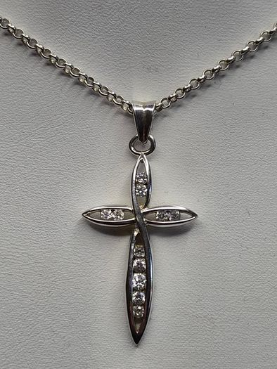 Vintage Sterling Silver 925 Cross Pendant Necklace CZ Stones