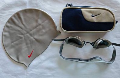 Nike Swim Set Silicone Swim Cap Goggles Zip Case Grey Navy