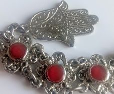 Vintage 1960s Souvenir du Maroc Hamsa Hand link bracelet red enamel