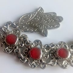 Vintage 1960s Souvenir du Maroc Hamsa Hand link bracelet red enamel
