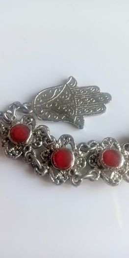 Vintage 1960s Souvenir du Maroc Hamsa Hand link bracelet red enamel