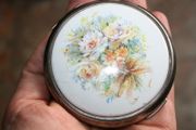 Vintage  England White Enamel Compact Flowers Makeup Mirror