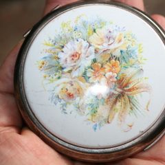Vintage  England White Enamel Compact Flowers Makeup Mirror