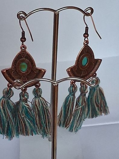 Antique Copper Turquoise Fan Tassel Earrings