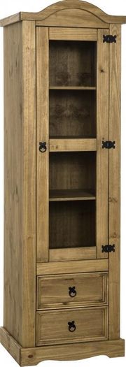 Corona 1 Door 2 Drawer Glass Display Unit in Distressed Waxed Pine/Clear Glass