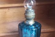 Antique Blue Glass Brass and cast iron metal large table oil lamp in very good condition and working