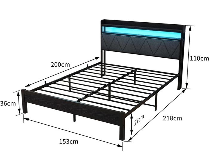 Charging Station,LED Lights, 150x200 cm Heavy Duty Metal Platform Bed Kingsize