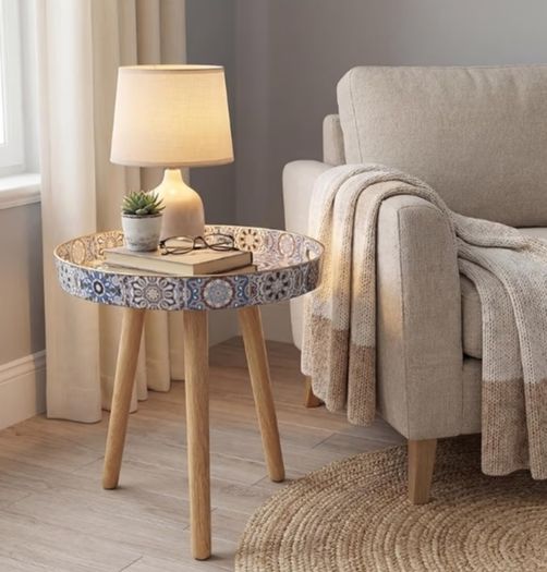 Stone Marble Round Indoor Side Tables with Detachable Wooden 3 Legs, Versatile Tray Table, Perfect For Round Coffee Table Tea, and Relaxation Time 15 Inch Bohemian