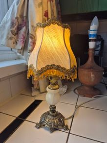 Vintage Midcentury Small marble Table lamp with cloth shade