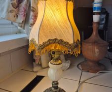 Vintage Midcentury Small marble Table lamp with cloth shade
