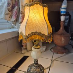 Vintage Midcentury Small marble Table lamp with cloth shade