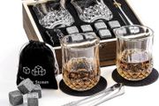 Whiskey Stones and Glasses Gift Set, 2 Bourbon Glasses and 8 Granite Ice Cubes, Valentine's Father's Day Birthday Santa Christmas Present for Men Dad (FREE POSTAGE)