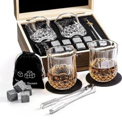 Whiskey Stones and Glasses Gift Set, 2 Bourbon Glasses and 8 Granite Ice Cubes, Valentine's Father's Day Birthday Santa Christmas Present for Men Dad (FREE POSTAGE)
