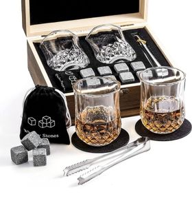 Whiskey Stones and Glasses Gift Set, 2 Bourbon Glasses and 8 Granite Ice Cubes, Valentine's Father's Day Birthday Santa Christmas Present for Men Dad (FREE POSTAGE)