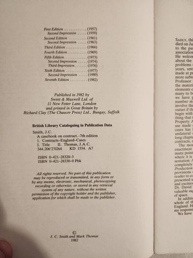 A Casebook On Contract Law. J.C.Smith & J. A. C. Thomas. 7th Edition  Large Volume Paperback In Good Condition. See Photos For Same.