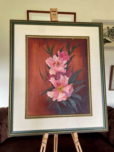 Vintage Peonies Floral Original Acrylic Painting In Ornate Frame