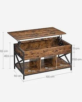 Living Room Table with Lift Top, Coffee Table, Hidden Compartment and Open Compartments, Steel Frame, 50 x 100 x (46.5-62) cm, Vintage Brown and Black