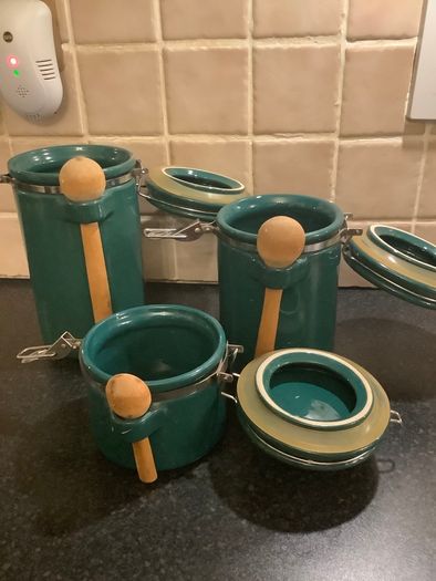 3 Ceramic Clip Jars With Wooden Spoons