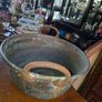 Antique Copper Cauldron, circa 19th to early 20th century. It features prominent riveted iron handles on each side and displays an authentic verdigris patina,. Postage Available Image 3