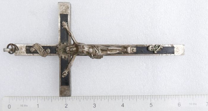 Antique Large Golgotha Crucifix Cross 6.5" Metal Ebony Wood German Skull Bones