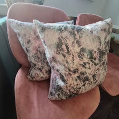 2 x Scatter Box cushions in mint green and pale pink velvet material