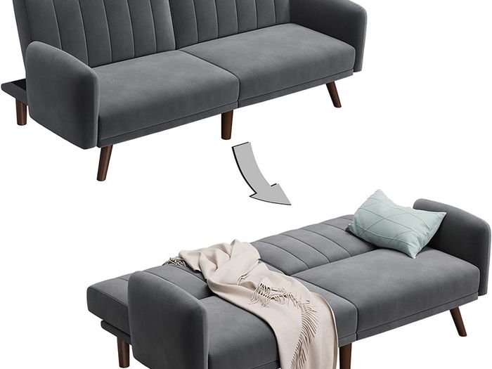 _Sofa bed, sofa bed, sofa bed, cover made of velvet, legs made of solid wood, 195 x 88 x 78 cm, foldable, fold-out sofa, for dormitories, small rooms, gray