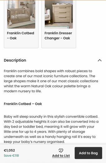 Franklin 2 Piece Cotbed Set with Dresser Changer - Oak