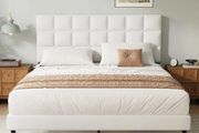 King Bed Frame, Easy Assembly, Sturdy Wooden Slat Support, Upholstered Platform with Headboard, No Box Spring Needed, White King Bed 150 by 200