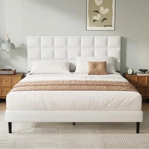 King Bed Frame, Easy Assembly, Sturdy Wooden Slat Support, Upholstered Platform with Headboard, No Box Spring Needed, White King Bed 150 by 200