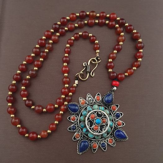 Antique Style Brass & Lapislazuli,Coral,Turqouise Pendant with Carnelian Beads Necklace
