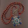 Antique Style Brass & Lapislazuli,Coral,Turqouise Pendant with Carnelian Beads Necklace Image 4