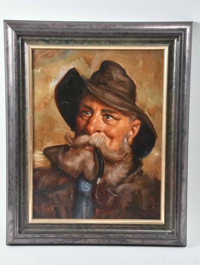 Antique oil painting of a man with pipe
