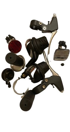 New Shimano Gear Shifters RevoShift SL-RS36-7-LN Twist Grip Shifter for 3 x 7 Speed Mountain bike Includes Gear Cables, Set Black Grips, Aluminium Brake lever, Set Light Reflector, Set Valve Caps and Flick-bell.