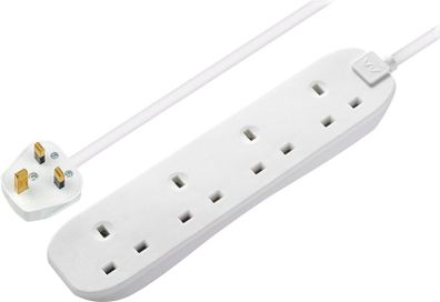 Four Socket Extension Lead, 5 Metre Cable, Unswitched, 4-Way Plug Extension Cable, Power Strip, Basic Power, White, 13A, 4G, 5m, BFG5N