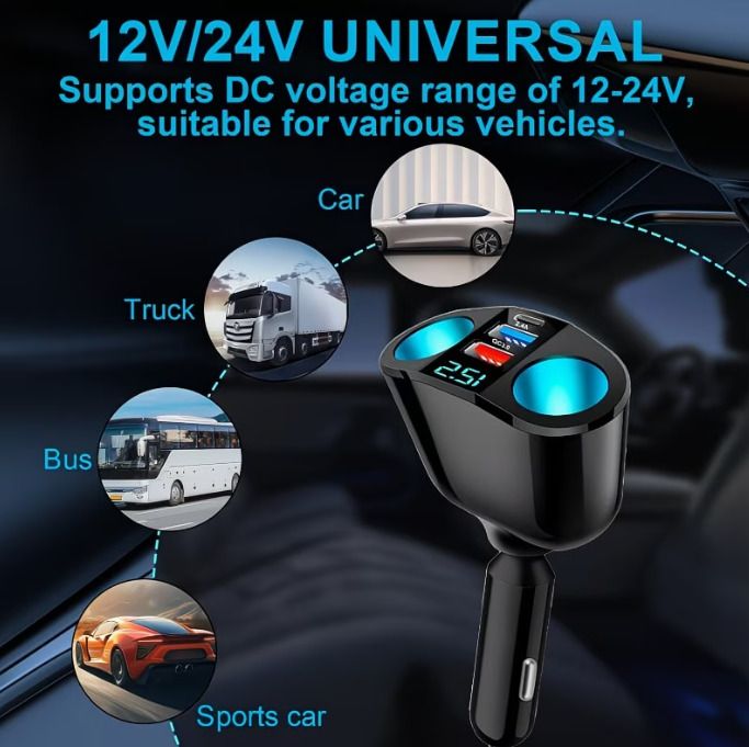 Car Cigarette Lighter Adapter, USB + Type-C Car Phone Charger Adapter,