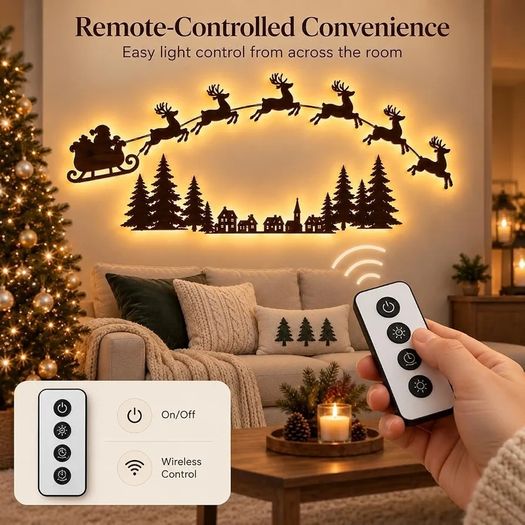 LED Reindeer Santa Sleigh Wall Deco Festive Christmas Lighting (100cm) 3D Light-Up Wooden Reindeer Christmas Decor, DIY fXmas Glow Wall Silhouette Lights,for Home Window Party Decoration