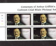 2005 Ireland Centenary of Arthur Griffith Essays Commemorative Stamp Plate Block 1A1A1A1A Mint Never Hinged (MNH)
