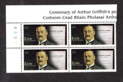 2005 Ireland Centenary of Arthur Griffith Essays Commemorative Stamp Plate Block 1A1A1A1A Mint Never Hinged (MNH)