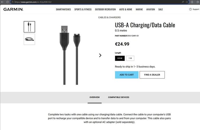 Garmin USB-A Charging/Data Cable, 0.5m (original)