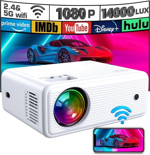 Mini Projector, ClokoWe WiFi Projector with Projector 1080P Full HD, 14000 Lux Portable Video 4K Projector Compatible with iphone TV Stick PS5 HDMI USB, Multimedia Home Movie Theater Projector