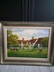 Original Mary Daisley Oil Painting 1982 English Country House Horses Large Framed
