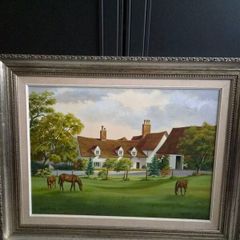 Original Mary Daisley Oil Painting 1982 English Country House Horses Large Framed