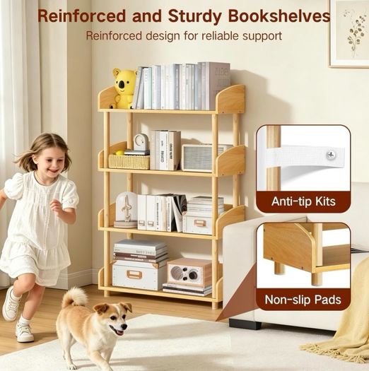 4 Tier Wooden Open Bookcase, Modern Display Bookshelf with Solid Wood Frame and Rounded Corner Design, Storage Organizer for Living Room, Bedroom, Home Office, Balcony