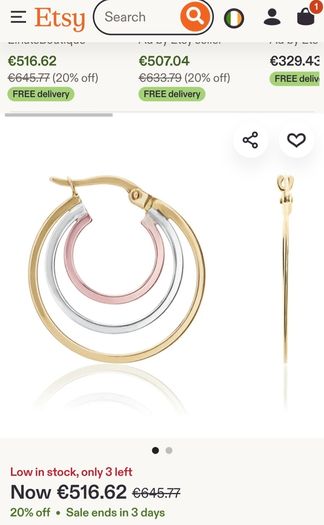 9ct three tones yellow, white,and rose gold triple hoop earrings